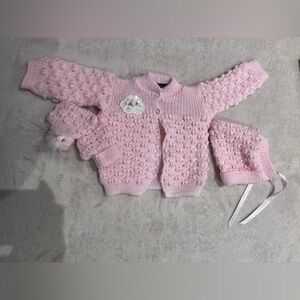 Pink Knitted Baby Sweater, socks  and Hat Set. O-6 months. New without tags